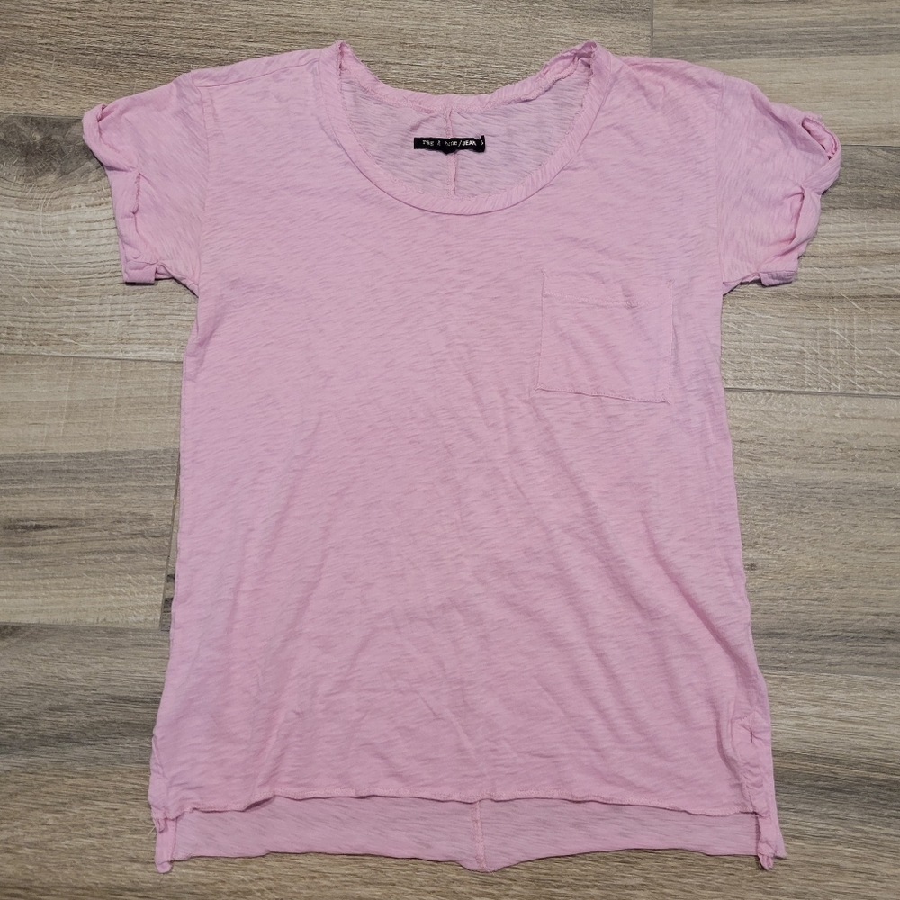 Rag & Bone Pink Burnout Scoop Neck Pocket Tee Shirt Women's XS Cuffed Sleeves